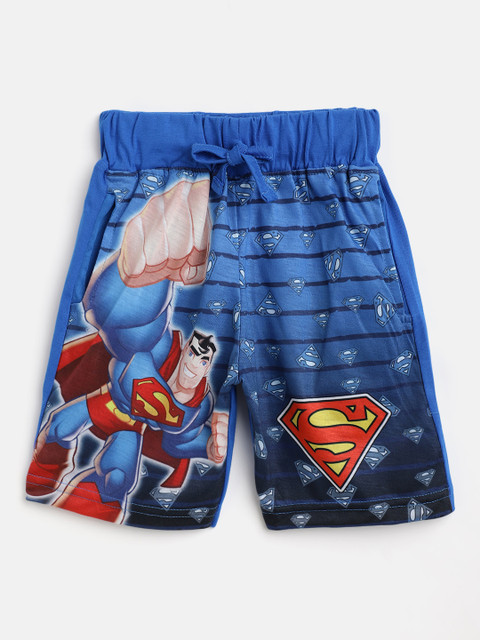 

Eteenz Boys Blue & Red Pure Cotton Superman Printed Regular Shorts