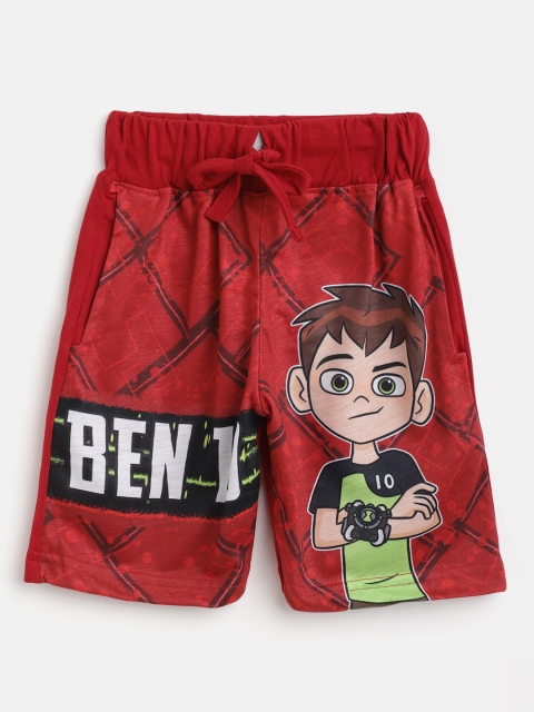 

Eteenz Boys Red & Black Pure Cotton Ben 10 Printed Regular Shorts