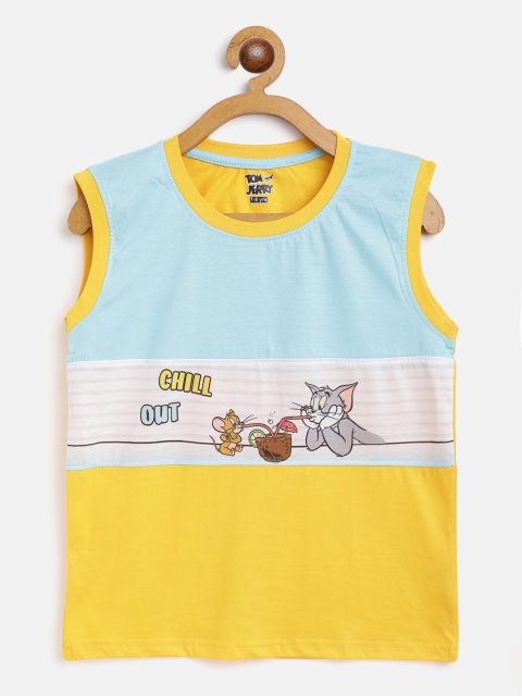 

Eteenz Boys Yellow & Blue Colourblocked with Tom & Jerry Print Sleeveless T-shirt