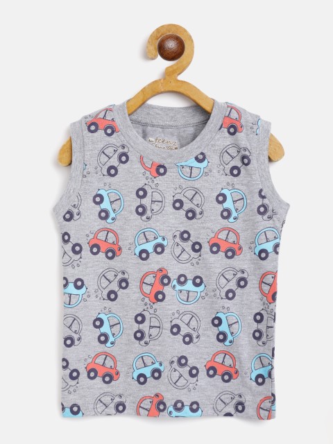 

Eteenz Infant Boys Grey Melange & Blue Car Printed Sleeveless T-shirt