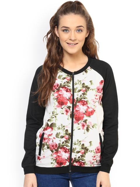 

PURYS Off-White & Black Floral Print Fleece Bomber Jacket