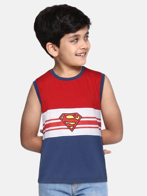 

Eteenz Boys Navy Blue & Red Colourblocked & Superman Print Cotton T-shirt