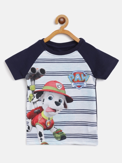 

Eteenz Boys Navy Blue & White Pure Cotton Paw Patrol Striped T-shirt