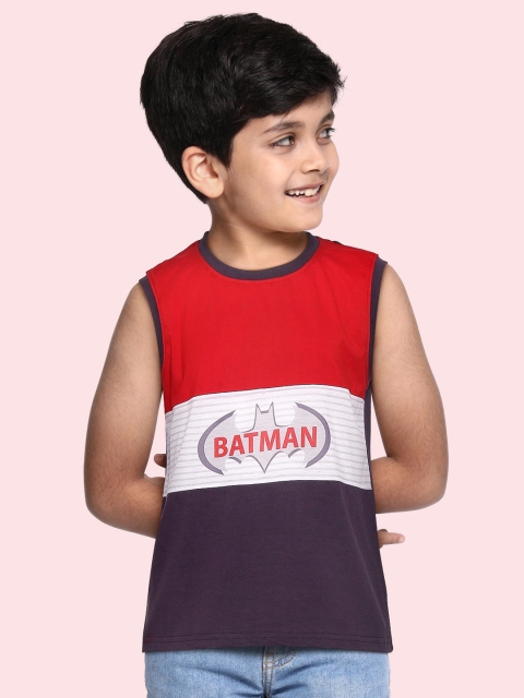 

Eteenz Boys Charcoal Grey & Red Colourblocked with Batman Print Sleeveless T-shirt