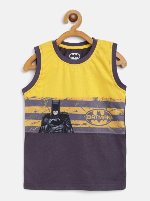 

Eteenz Boys Charcoal Grey & Yellow Striped with Batman Print Sleeveless T-shirt