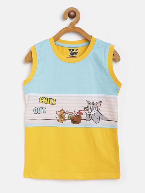 

Eteenz Boys Yellow & Blue Colourblocked with Tom & Jerry Print Sleeveless T-shirt