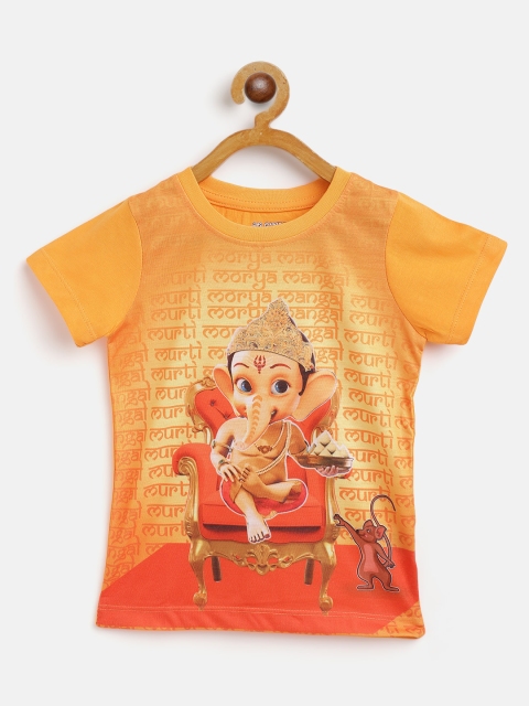 

Eteenz Boys Orange & Yellow Ganesha Printed Cotton T-shirt