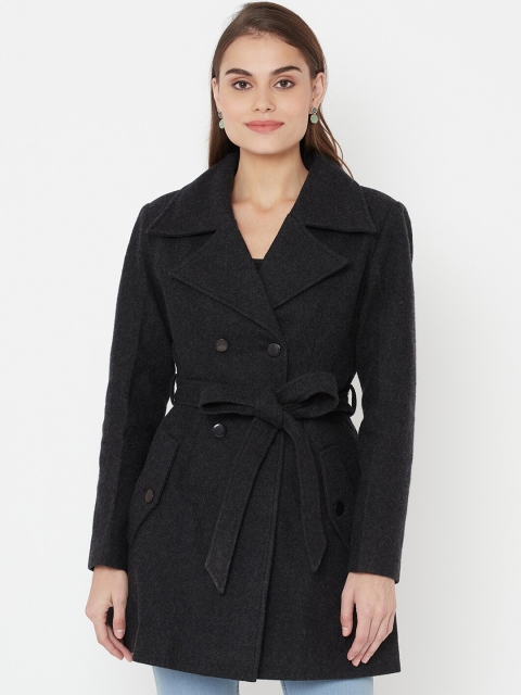 

Owncraft Women Charcoal Grey Solid Woolen Pea Coat