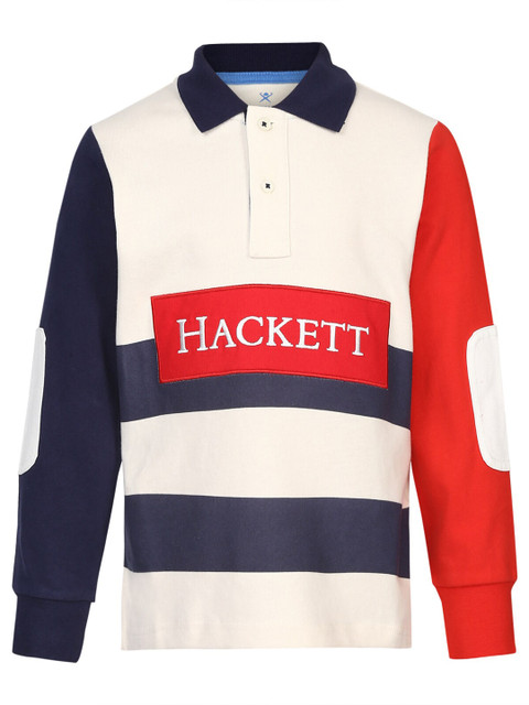 

HACKETT LONDON Boys Off-White & Red Colourblocked Pure Cotton Polo Collar T-shirt