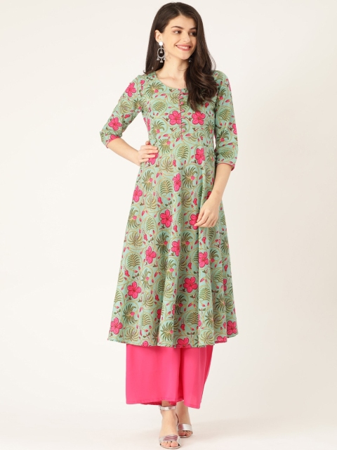

RANGMAYEE Women Green Floral Printed Cotton Anarkali Kurta