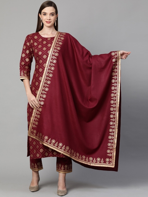 

KALINI Women Maroon Ethnic Motifs Printed Panelled Kurta &Trousers With Dupatta