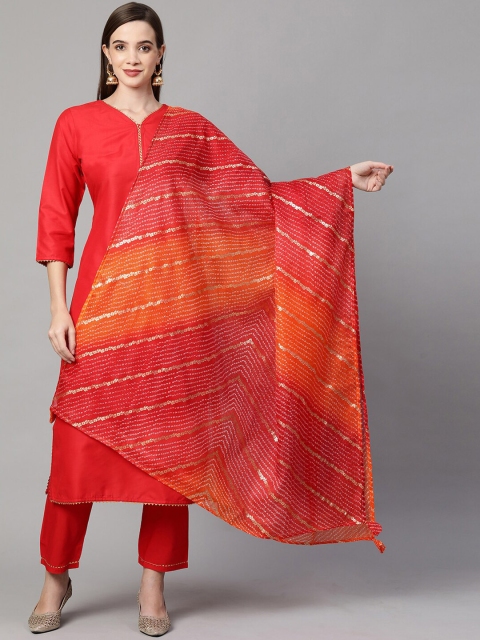 

KALINI Women Orange Striped Layered Kurta with Trousers & Dupatta