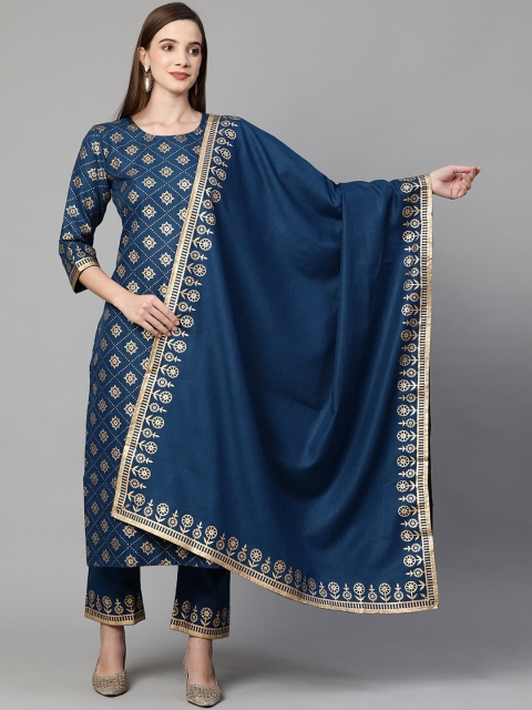 

KALINI Women Blue Floral Printed Kurta with Trousers & With Dupatta