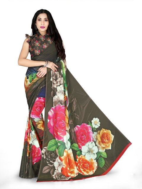 

KALINI Coffee Brown & Pink Floral Printed Saree