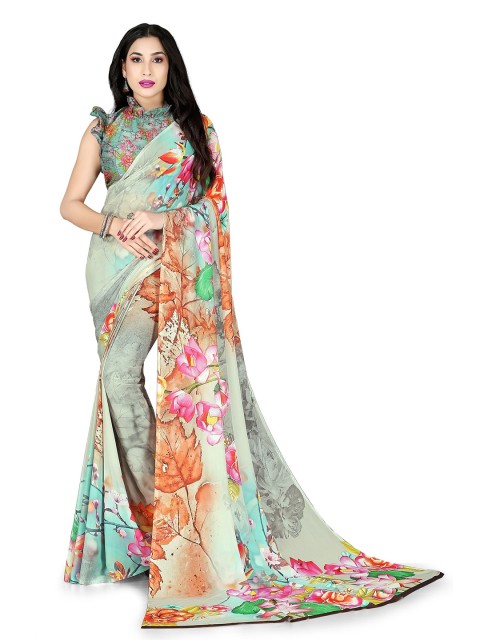 

KALINI Sea Green & Grey Floral Printed Saree