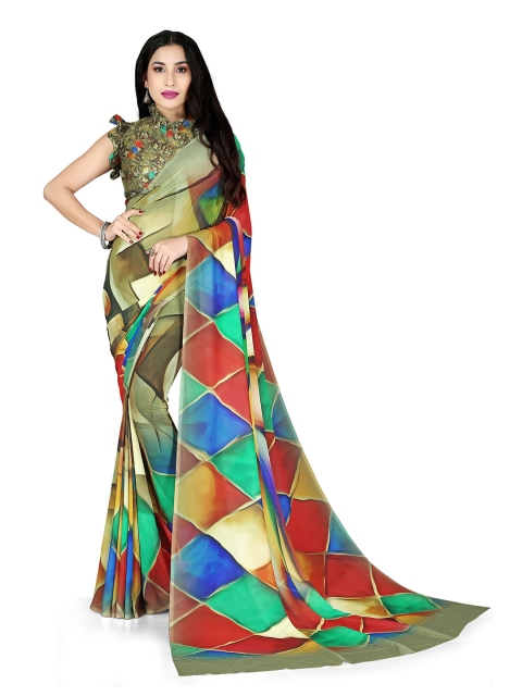 

KALINI Green & Red Geometric Printed Saree