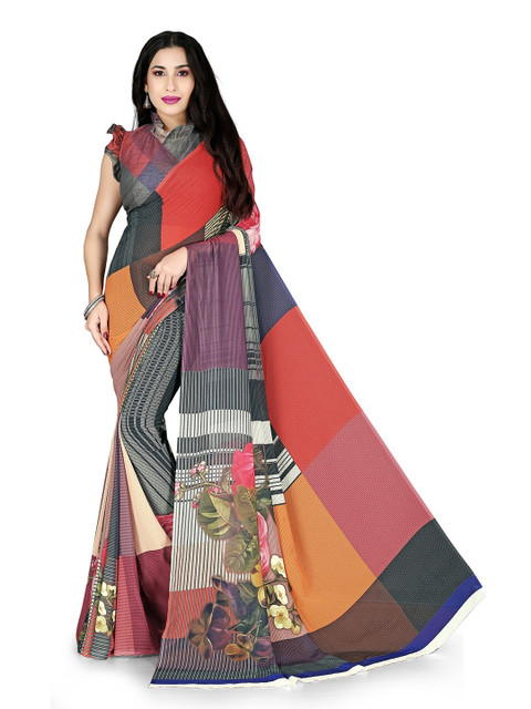 

KALINI Red & Grey Colourblocked Floral Printed Saree