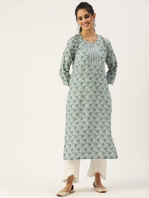 

INDYES Women White & Blue Floral Screen Printed Gotta Patti Cotton Straight Kurta