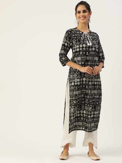 

INDYES Women Black & White Tribal Screen Print Cotton Straight Kurta
