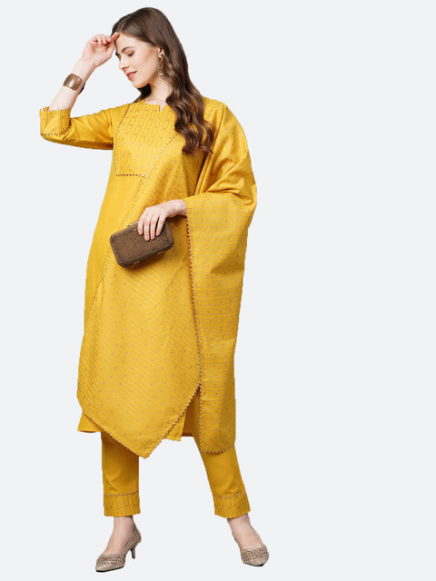 

KALINI Women Mustard Yellow Ethnic Motifs Yoke Design Gotta Patti Kurta with Trousers & With Dupatta