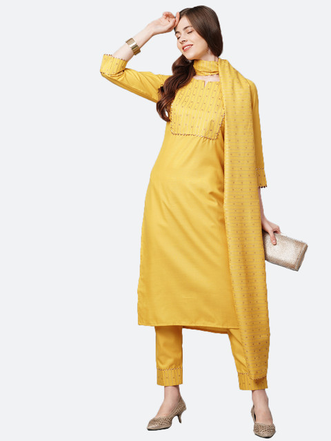 

KALINI Women Yellow Floral Embroidered Gotta Patti Kurta with Trousers & With Dupatta
