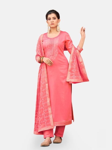 

Kvsfab Peach-Coloured & Gold-Toned Embroidered Pure Silk Unstitched Dress Material
