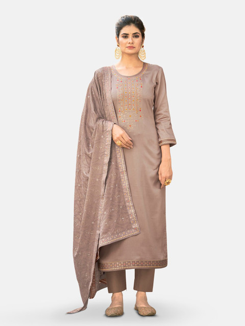 

Kvsfab Brown & Fuchsia Embroidered Pure Silk Unstitched Dress Material