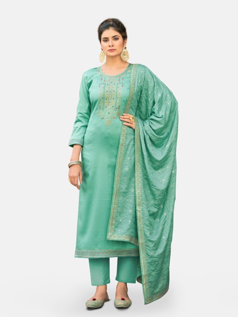 

Kvsfab Sea Green & Gold-Toned Embroidered Pure Silk Unstitched Dress Material