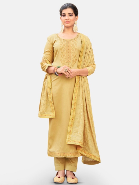 

Kvsfab Mustard Embroidered Pure Silk Unstitched Dress Material