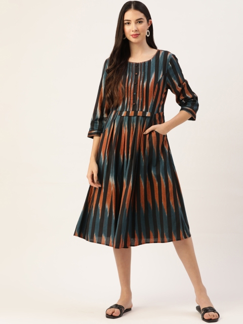 

Ancestry Teal Blue & Rust Orange Abstract Print Ethnic Midi Dress