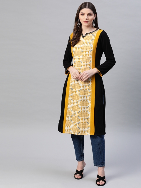 

Laabha Women Black & Yellow Self Design Woolen Kurta