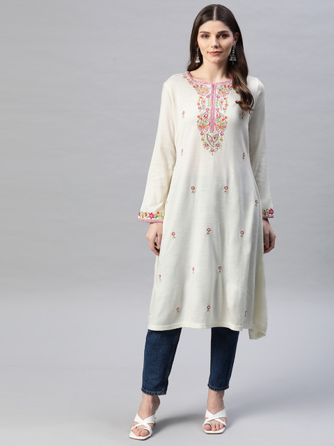 

Laabha Women White & Pink Embroidered Winter Kurta