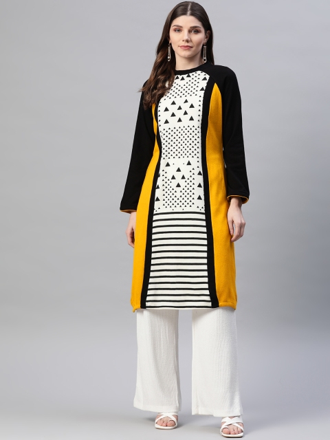 

Laabha Women Mustard Yellow & White Geometric Printed Winter Kurta