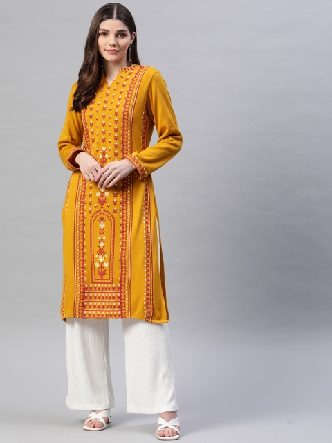 

Laabha Women Mustard Yellow & Red Ethnic Motifs Winter Kurta