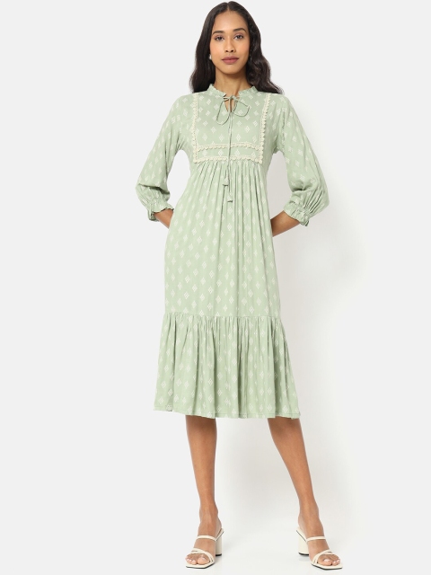 

Saaki Green Printed Cotton A-Line Dress