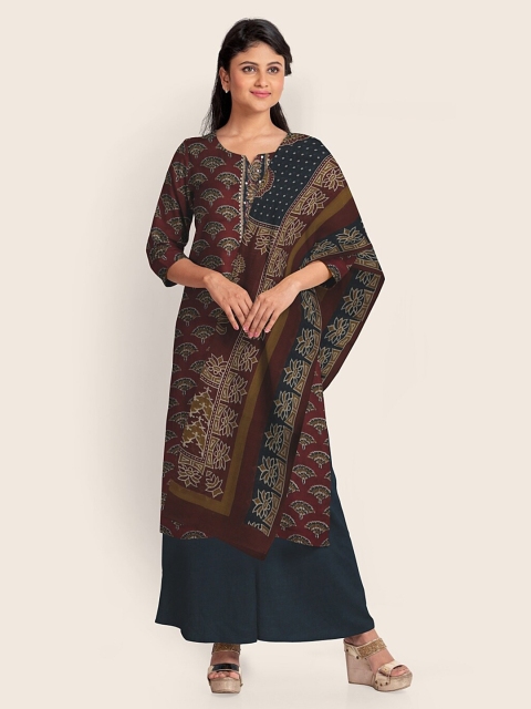 

Pothys Maroon & Green Printed Unstitched Dress Material