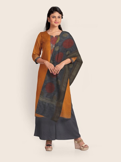 

Pothys Mustard & Grey Printed Unstitched Dress Material