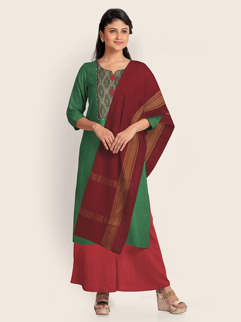 

Pothys Green & Maroon Printed Pure Cotton Unstitched Dress Material