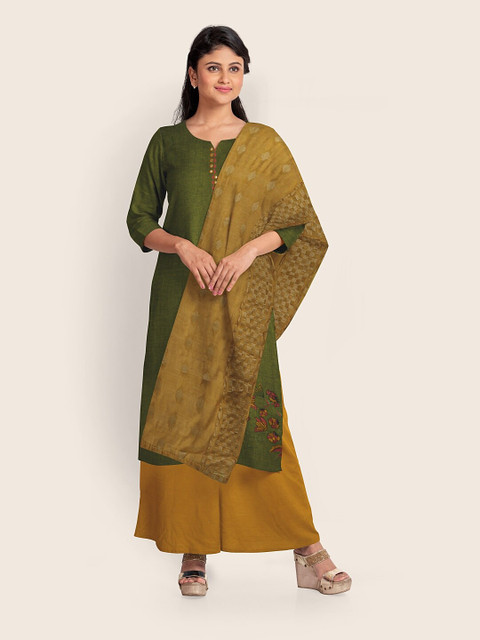 

Pothys Green & Mustard Embroidered Unstitched Dress Material