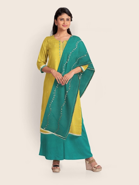 

Pothys Mustard Yellow & Teal Embroidered Unstitched Dress Material