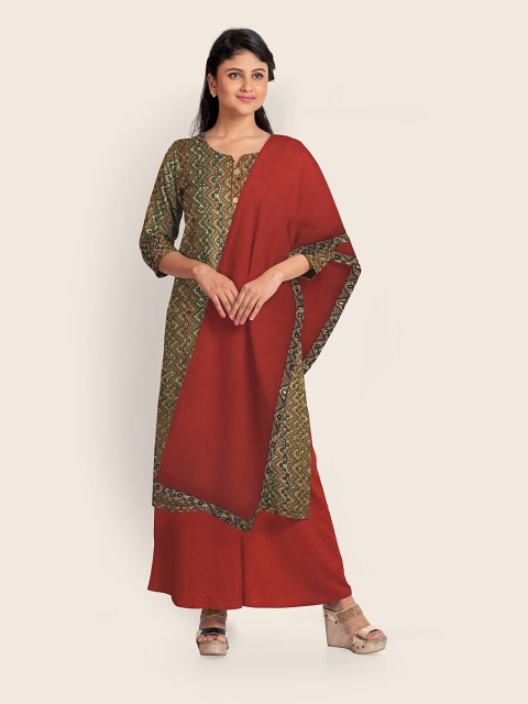 

Pothys Rust & Green Embroidered Unstitched Dress Material