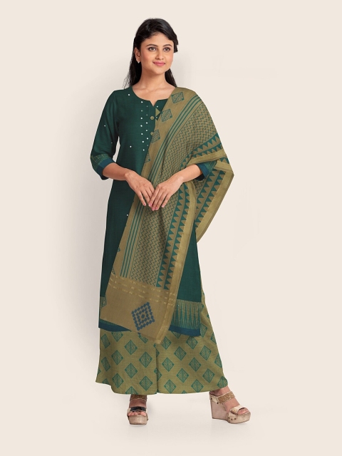 

Pothys Green & Brown Embroidered Pure Cotton Unstitched Dress Material