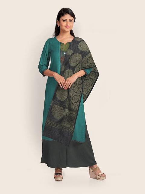 

Pothys Teal & Black Printed Unstitched Dress Material