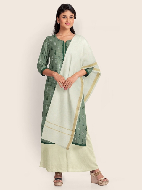 

Pothys Green & Off White Printed Pure Cotton Unstitched Dress Material