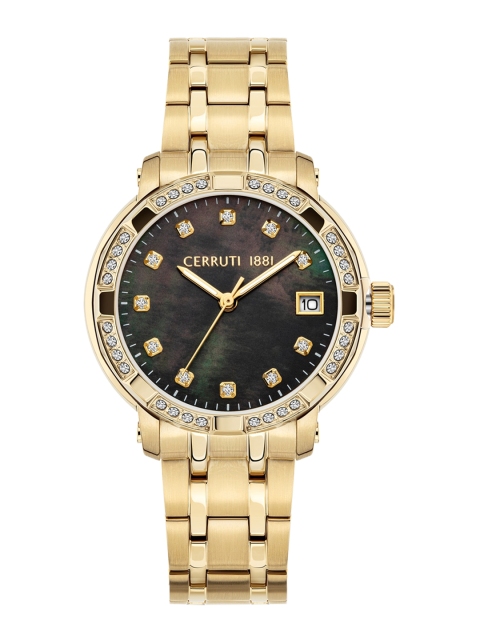 

Cerruti 1881 Women Black Printed Dial & Gold-Plated Stainless Steel Bracelet Style Straps Analogue Watch