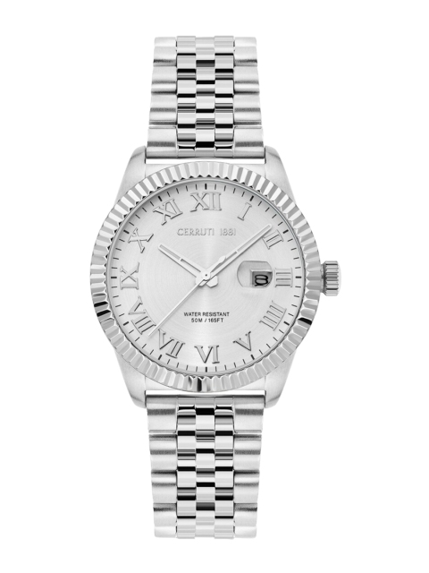 

Cerruti 1881 Men Silver-Toned Embellished Dial & Silver Toned Stainless Steel Bracelet Style Straps Analogue Watch
