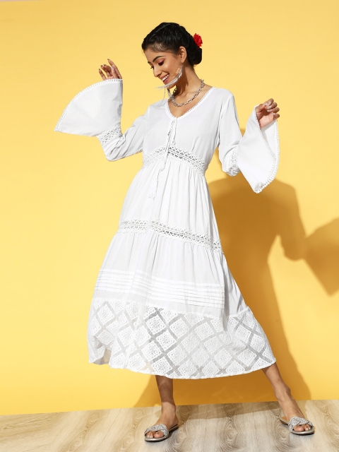 

DIVYANK Women Classic Off-White Solid Bell Sleeves Dress
