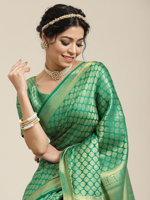 

BharatSthali Sea Green & Gold-Toned Woven Design Zari Art Silk Banarasi Saree