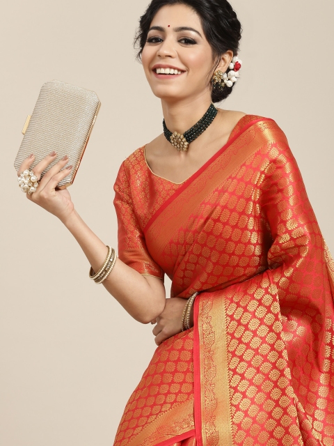 

BharatSthali Red & Gold-Toned Woven Design Zari Art Silk Banarasi Saree