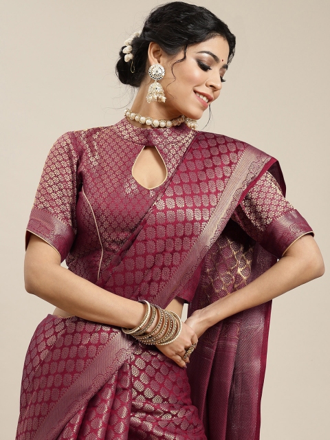 

BharatSthali Burgundy & Gold-Toned Woven Design Zari Art Silk Banarasi Saree